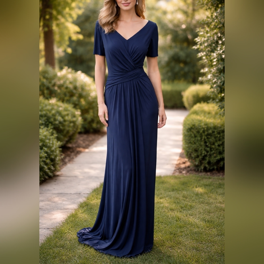 BHLDN  Navy Blue Faux Wrap Gown, Short Sleeve V Neck Size 10 NWT